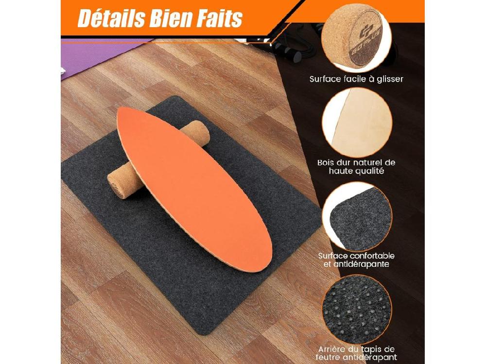 vente unique Planche d’Équilibre en Bois avec Rouleau et Tapis Antidérapant Charge 227 KG