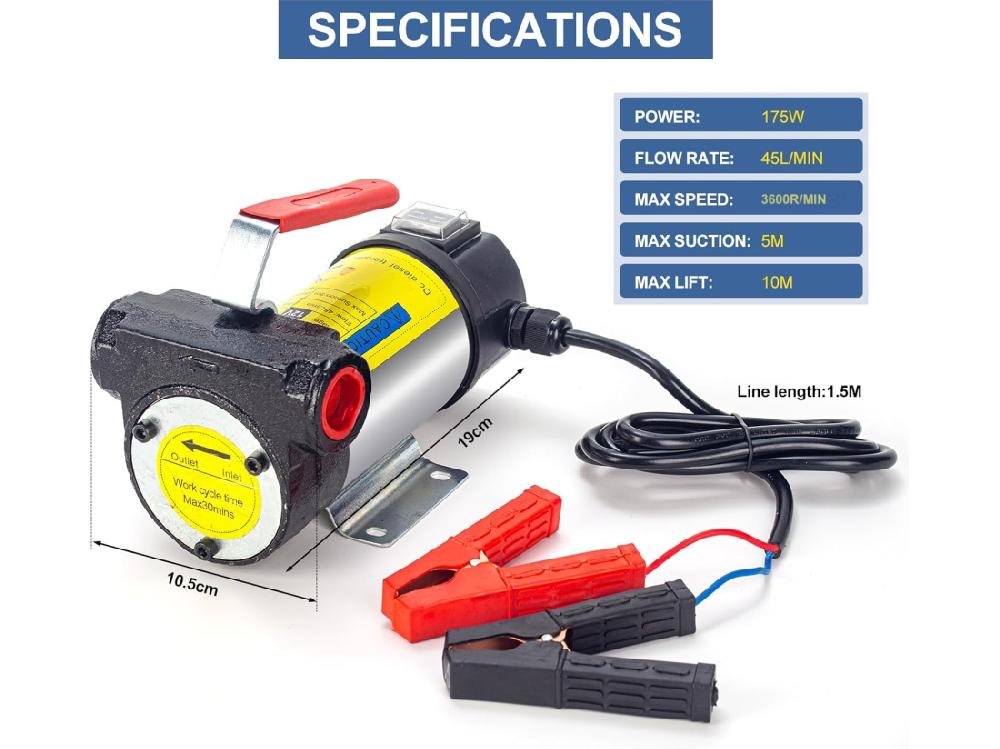 Vente Unique Pompe Diesel 12V 175W Pompe D'aspiration D'huile électrique Pompe à Carburant 45L/Min Max. Distance De Levage 10M Aspiration Max 5M
