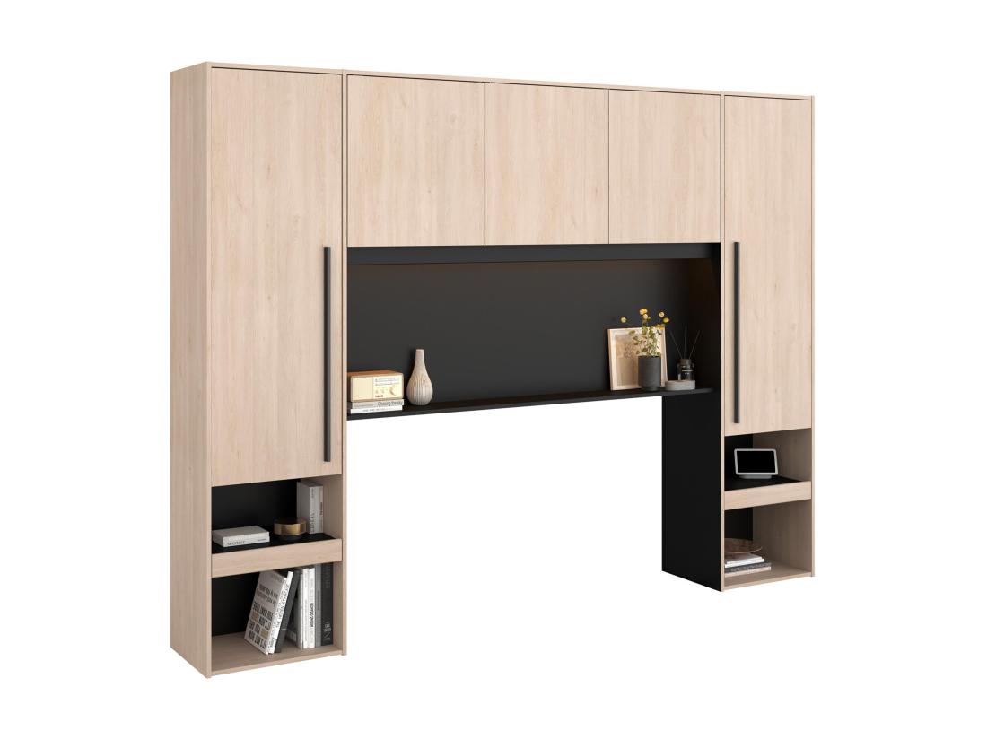 Vente Unique Pont De Lit Avec Rangements - Avec LEDs - L265 Cm - Coloris : Naturel Et Noir - VELONA
