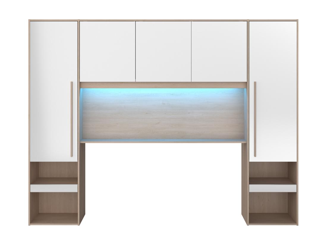 Vente Unique Pont De Lit Avec Rangements - Avec LEDs - L265 Cm - Coloris : Blanc Brillant Et Naturel - VELONA