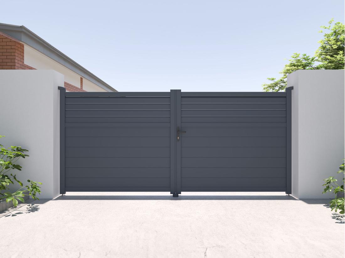 vente unique Portail battant aluminium persienné L355 x H166 cm anthracite - VIAZO
