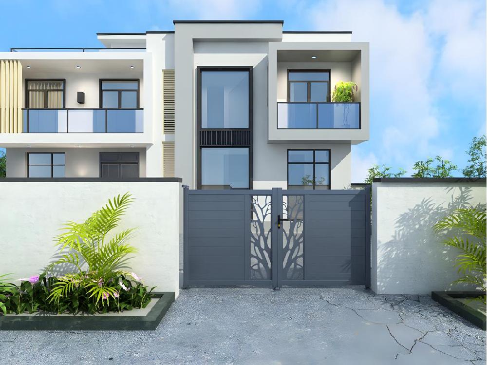 vente unique Portail battant aluminium semi ajouré à motifs L307 x H187 cm anthracite LABRIT II