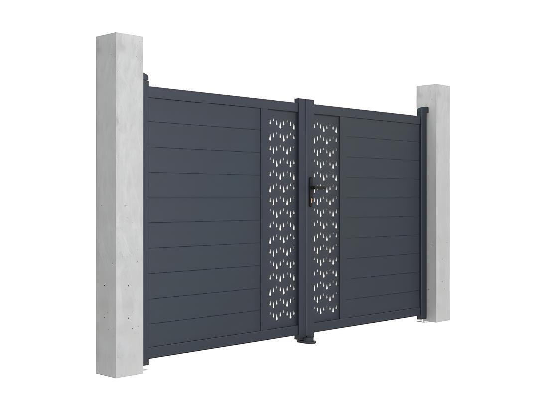 Vente Unique Portail Battant Aluminium Semi Plein à Motifs L305 X H181 Cm Anthracite GREGOR