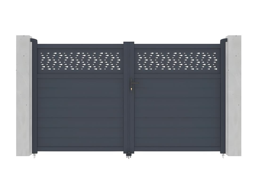 Vente Unique Portail Battant Aluminium Semi Plein à Motifs L305 X H181 Cm Anthracite - BAZIO