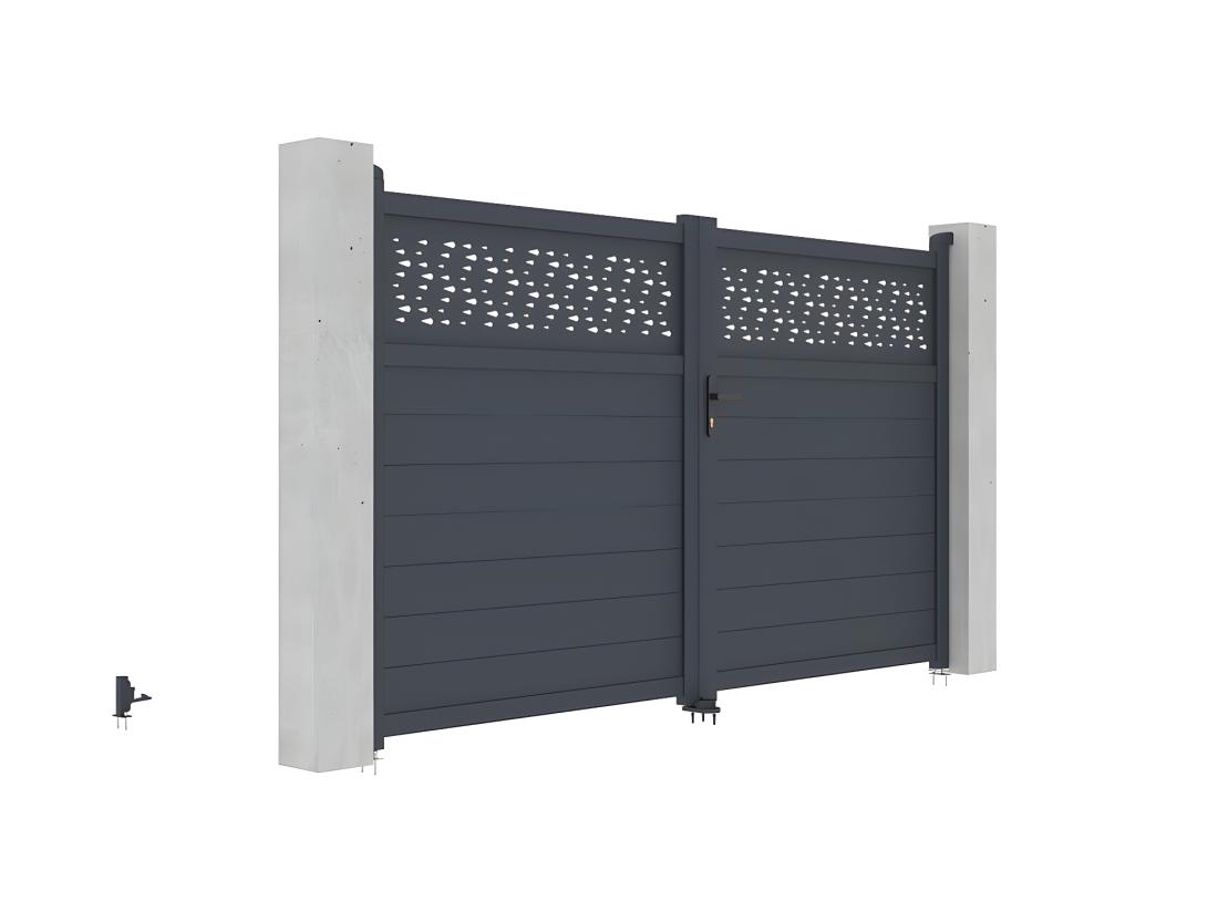 Vente Unique Portail Battant Aluminium Semi Plein à Motifs L305 X H181 Cm Anthracite - BAZIO