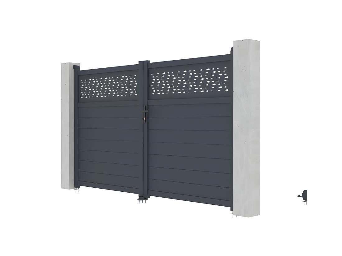 Vente Unique Portail Battant Aluminium Semi Plein à Motifs L305 X H181 Cm Anthracite - BAZIO