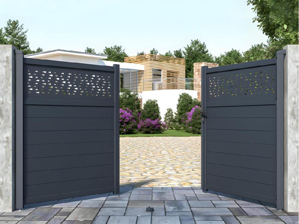vente unique Portail battant aluminium semi plein à motifs L305 x H181 cm anthracite - BAZIO