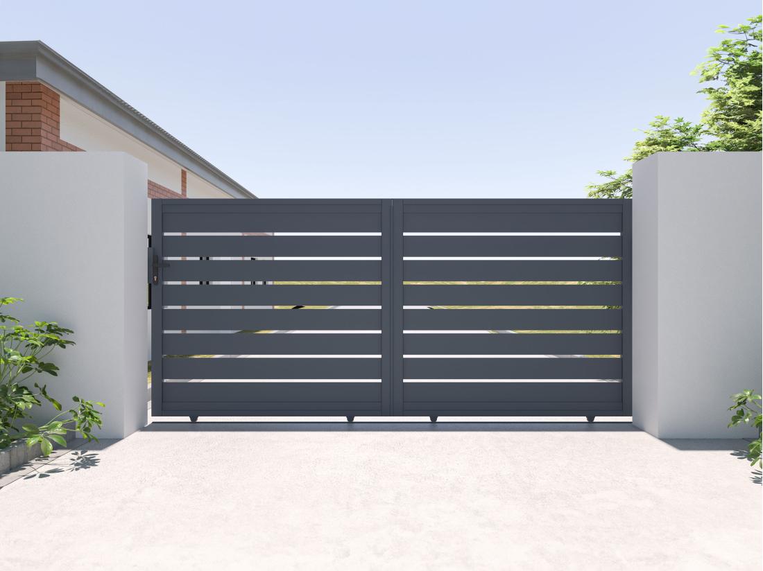 vente unique Portail coulissant aluminium ajouré L374 x H165 cm anthracite - PRIMO