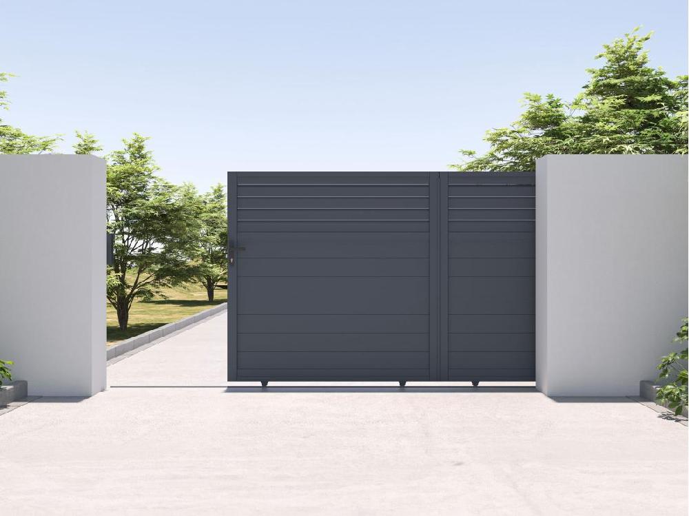 Vente Unique Portail Coulissant Aluminium Persien L374 X H180 Cm Anthracite - VIAZO