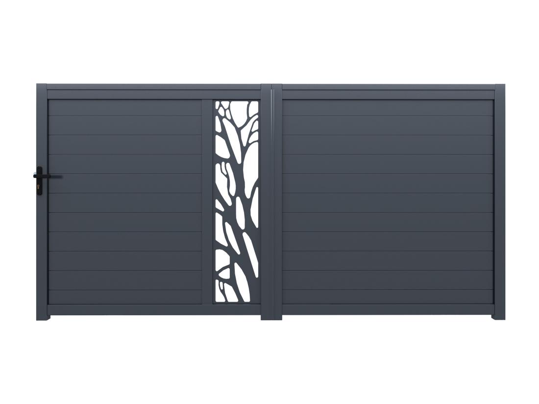 Vente Unique Portail Coulissant Aluminium Semi Ajouré à Motifs L400 X H187 Cm Anthracite LABRIT II