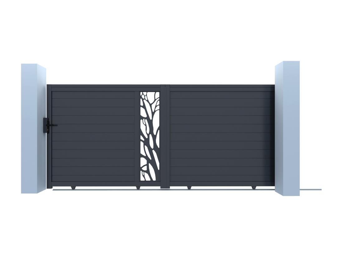 Vente Unique Portail Coulissant Aluminium Semi Ajouré à Motifs L400 X H187 Cm Anthracite LABRIT II