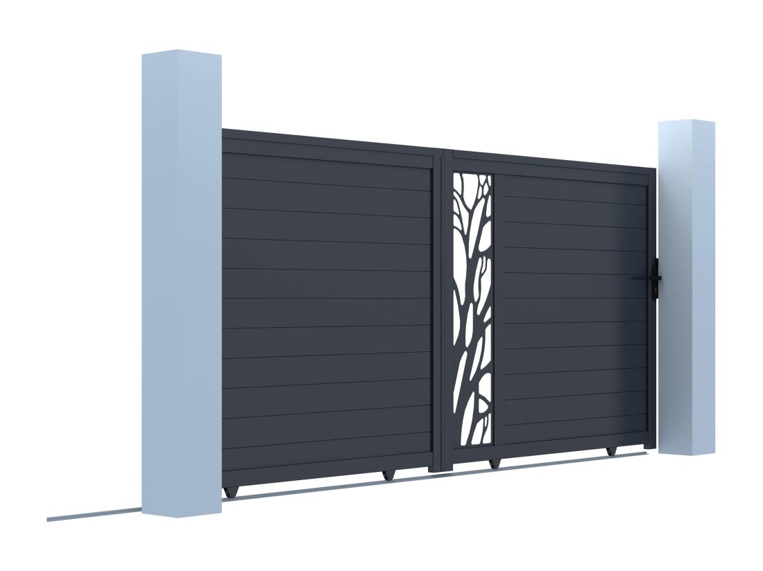Vente Unique Portail Coulissant Aluminium Semi Ajouré à Motifs L400 X H187 Cm Anthracite LABRIT II