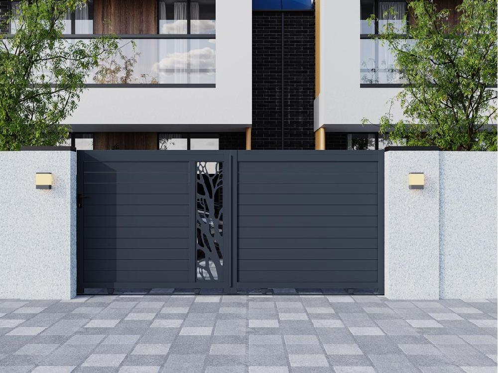 vente unique Portail coulissant aluminium semi ajouré à motifs L400 x H187 cm anthracite LABRIT II