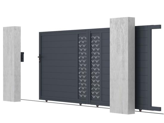 Vente Unique Portail Coulissant Aluminium Semi Plein à Motifs L416 X H180 Cm Anthracite GREGOR