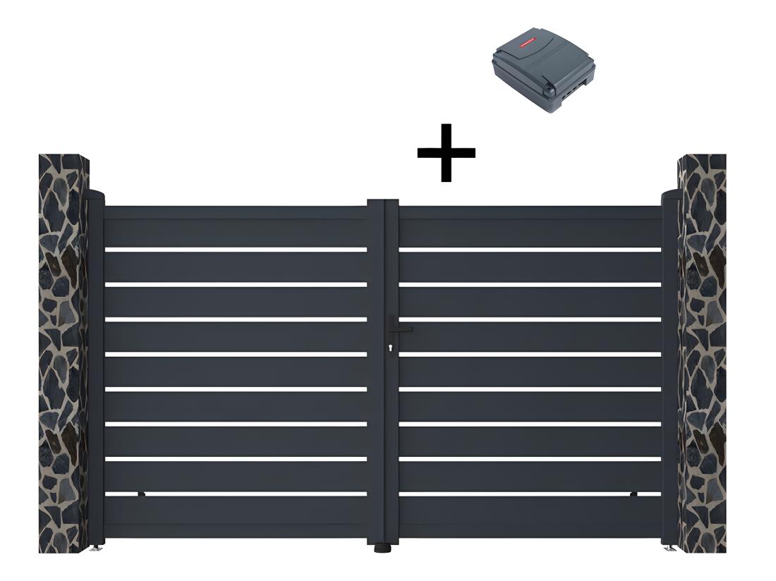 vente unique Portail électrique battant aluminium ajouré L305 x H183 cm anthracite - PRIMO