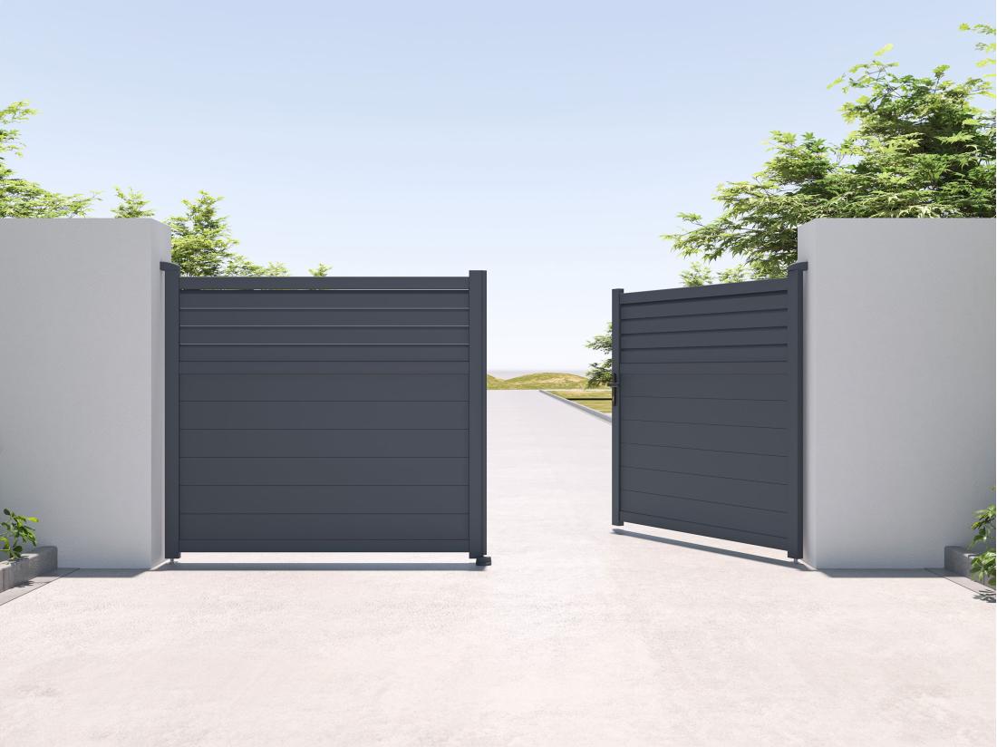 Vente Unique Portail électrique Battant Aluminium Persienné L355 X H166 Cm Anthracite - VIAZO
