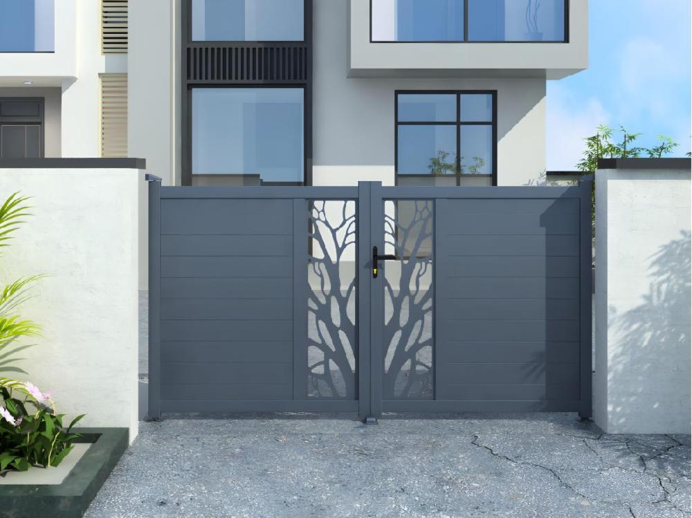 Vente Unique Portail électrique Battant Aluminium Semi Ajouré à Motifs L357 X H172 Cm Anthracite LABRIT II