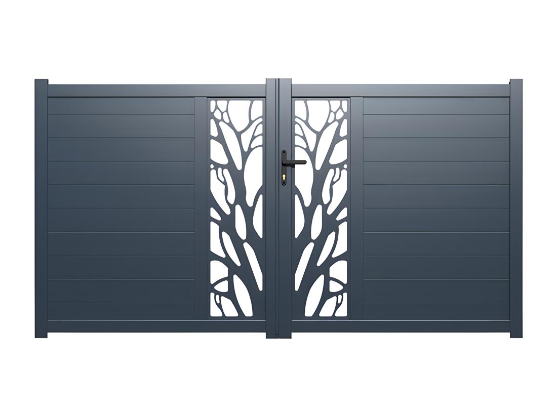Vente Unique Portail électrique Battant Aluminium Semi Ajouré à Motifs L407 X H187 Cm Anthracite LABRIT II