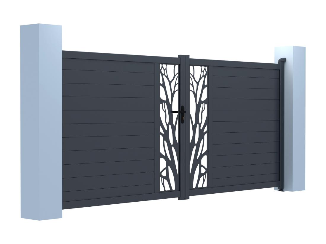 Vente Unique Portail électrique Battant Aluminium Semi Ajouré à Motifs L407 X H187 Cm Anthracite LABRIT II