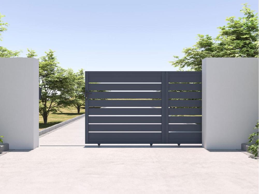 Vente Unique Portail électrique Coulissant Aluminium Ajouré L374 X H165 Cm Anthracite - PRIMO