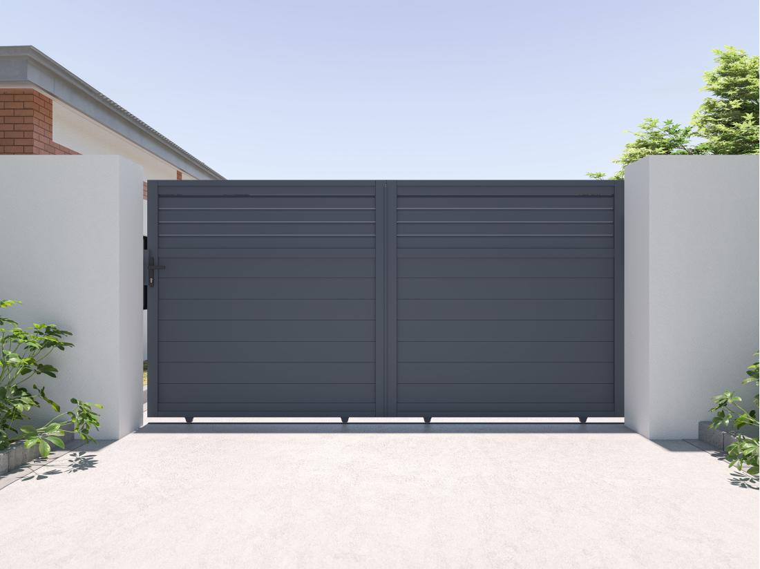 vente unique Portail électrique coulissant aluminium persienné L374 x H180 cm anthracite - VIAZO
