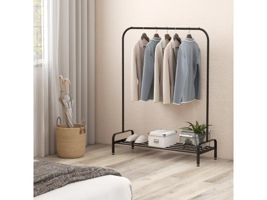 Vente Unique Portant à Vêtement Avec Étagère De Chaussures Penderie Vêtement Hauteur 145CM Tube En Fer 4 Pieds Réglables Portique Vêtement Pour Chambre Salon Noir