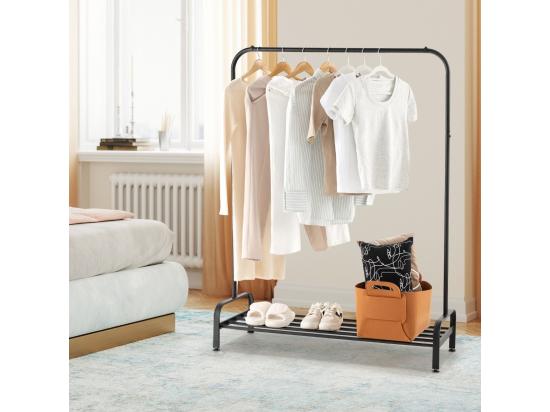 Vente Unique Portant à Vêtement Avec Étagère De Chaussures Penderie Vêtement Hauteur 145CM Tube En Fer 4 Pieds Réglables Portique Vêtement Pour Chambre Salon Noir