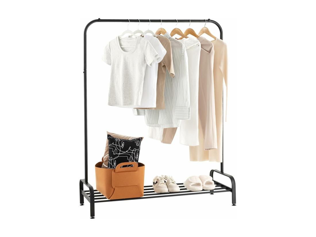 vente unique Portant à Vêtement avec Étagère de Chaussures Penderie Vêtement Hauteur 145CM Tube en Fer 4 Pieds Réglables Portique Vêtement pour Chambre Salon Noir