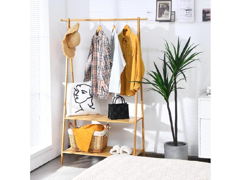 Vente Unique Portant à Vetement En Bambou Penderie Vetement Tringle 101cm 2 Étagères Porte Vetement Solide Pour Chambre Buanderie （Jaune）