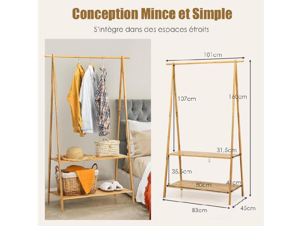 Vente Unique Portant à Vetement En Bambou Penderie Vetement Tringle 101cm 2 Étagères Porte Vetement Solide Pour Chambre Buanderie （Jaune）