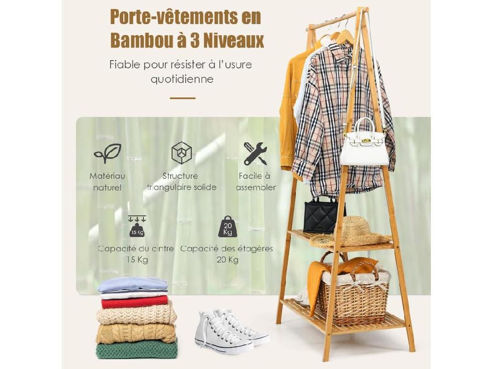 vente unique Portant à Vetement en Bambou Penderie Vetement Tringle 101cm 2 Étagères Porte Vetement Solide pour Chambre Buanderie （Jaune）