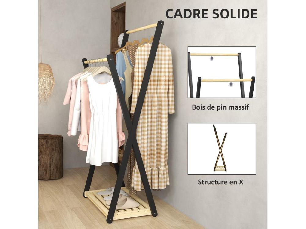 Vente Unique Portant à Vêtements Design Contemporain - 2 Barres étagère - Bois De Pin Naturel Noir