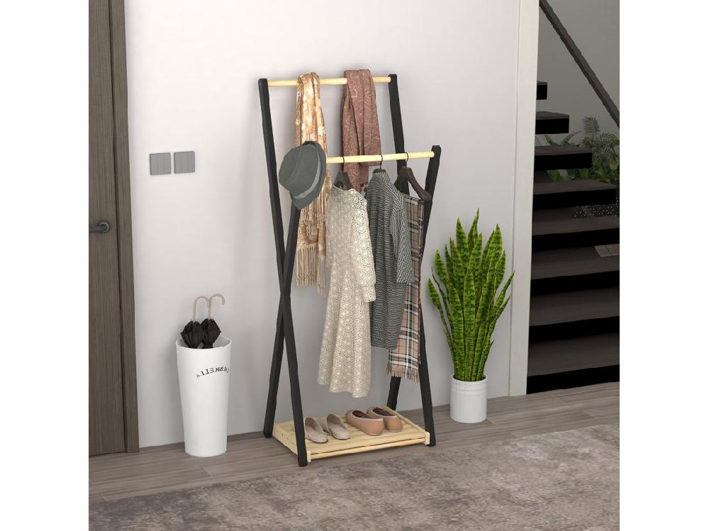 Vente Unique Portant à Vêtements Design Contemporain - 2 Barres étagère - Bois De Pin Naturel Noir