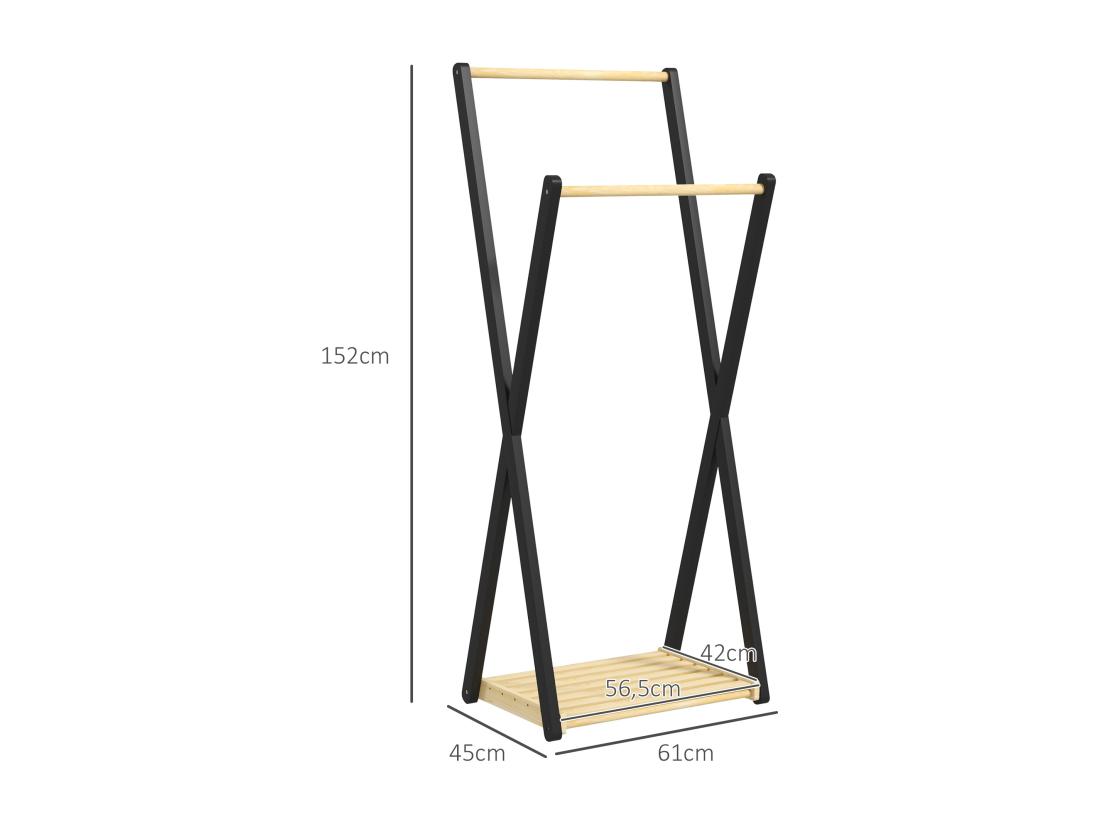 Vente Unique Portant à Vêtements Design Contemporain - 2 Barres étagère - Bois De Pin Naturel Noir