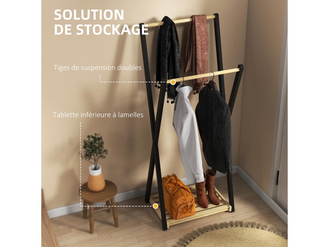 vente unique Portant à vêtements design contemporain - 2 barres étagère - bois de pin naturel noir