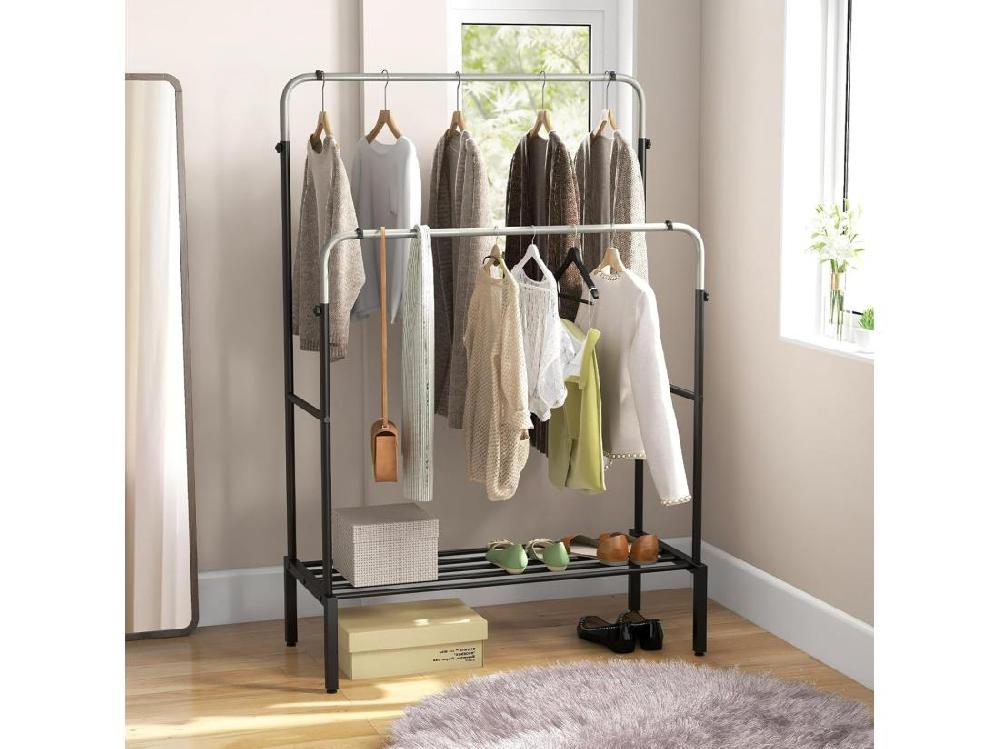 Vente Unique Portant à Vêtements Double 2 Tringles Réglables En 3 Hauteurs Portant Vetement Solide Avec Étagère à Chaussures Portant En Métal Robuste Pour Chambre Salon Entrée