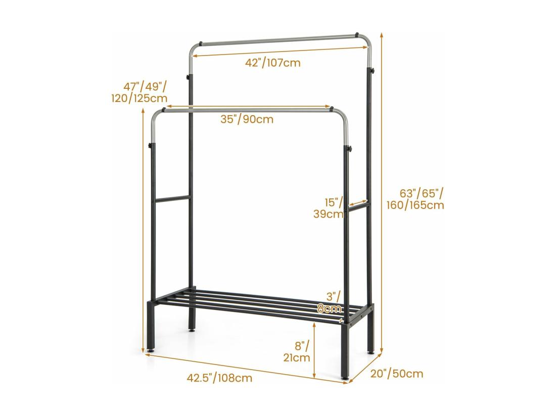 Vente Unique Portant à Vêtements Double 2 Tringles Réglables En 3 Hauteurs Portant Vetement Solide Avec Étagère à Chaussures Portant En Métal Robuste Pour Chambre Salon Entrée