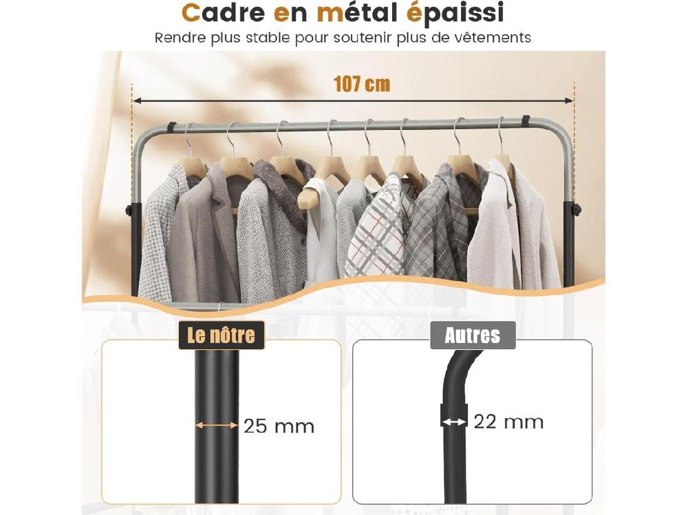 Vente Unique Portant à Vêtements Double 2 Tringles Réglables En 3 Hauteurs Portant Vetement Solide Avec Étagère à Chaussures Portant En Métal Robuste Pour Chambre Salon Entrée