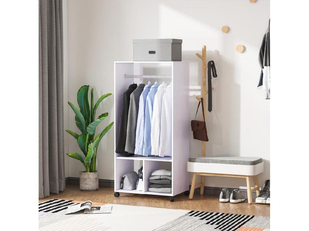 Vente Unique Portant à Vêtements Penderie Mobile Avec Roulettes 2 Niches + Grand Espace Penderie Panneaux Particules Blanc