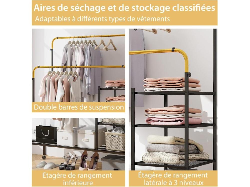 Vente Unique Portant à Vêtements Roulettes 2 Tringles Réglables En 3 Hauteurs Portant Vetement Solide Avec 3 Étagère Porte-chaussures Penderie Vetement Chambre En Métal Robuste(Doré)