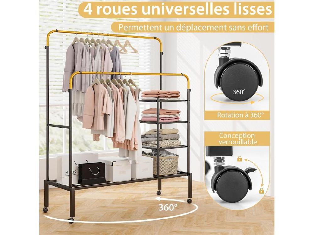 Vente Unique Portant à Vêtements Roulettes 2 Tringles Réglables En 3 Hauteurs Portant Vetement Solide Avec 3 Étagère Porte-chaussures Penderie Vetement Chambre En Métal Robuste(Doré)