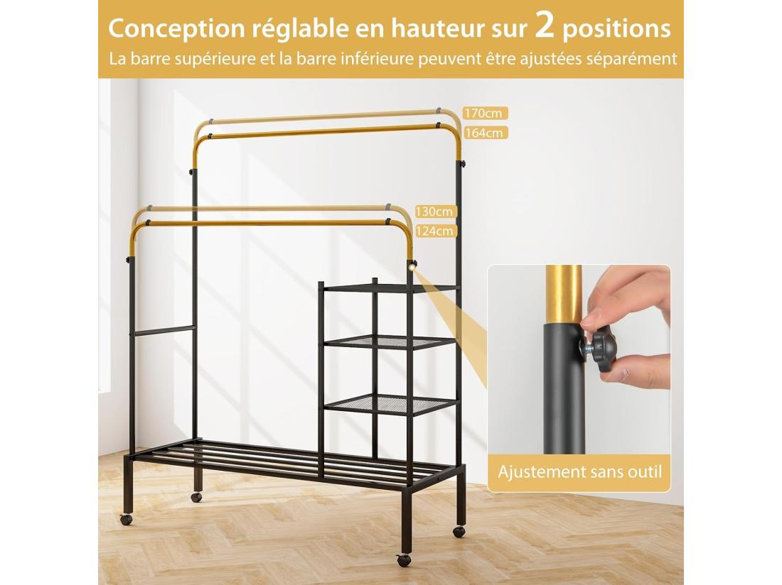 Vente Unique Portant à Vêtements Roulettes 2 Tringles Réglables En 3 Hauteurs Portant Vetement Solide Avec 3 Étagère Porte-chaussures Penderie Vetement Chambre En Métal Robuste(Doré)