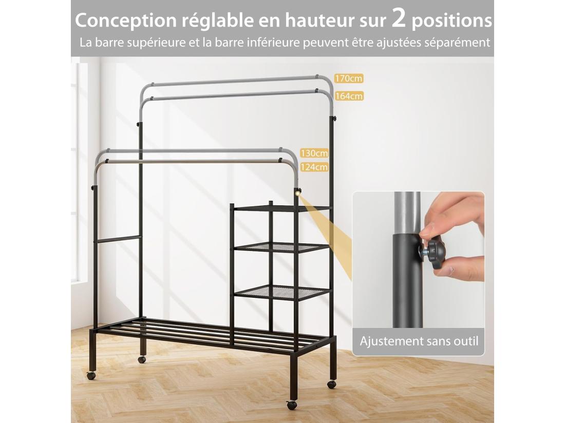Vente Unique Portant à Vêtements Roulettes 2 Tringles Réglables En 3 Hauteurs Portant Vetement Solide Avec 3 Étagère Porte-chaussures Penderie Vetement Chambre En Métal Robuste(Argent)