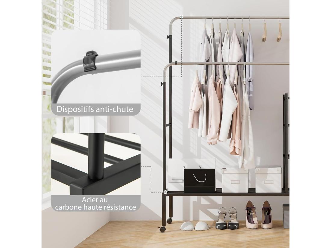 Vente Unique Portant à Vêtements Roulettes 2 Tringles Réglables En 3 Hauteurs Portant Vetement Solide Avec 3 Étagère Porte-chaussures Penderie Vetement Chambre En Métal Robuste(Argent)
