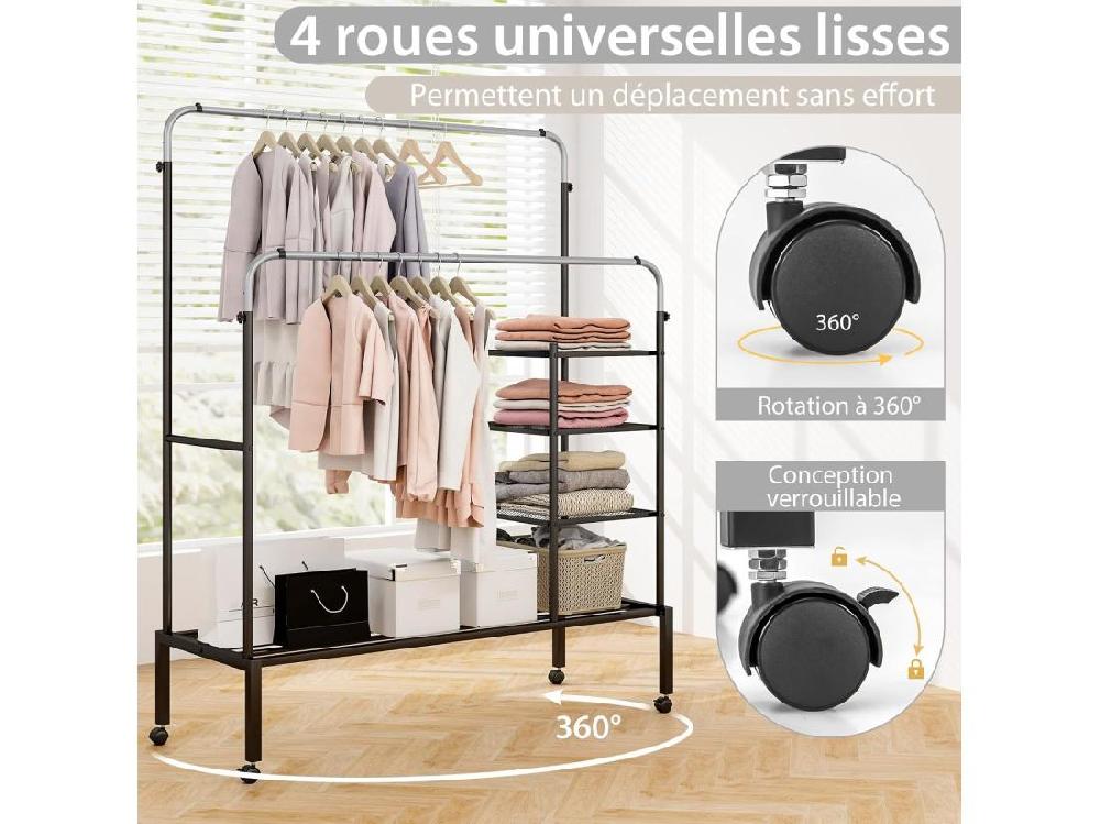 Vente Unique Portant à Vêtements Roulettes 2 Tringles Réglables En 3 Hauteurs Portant Vetement Solide Avec 3 Étagère Porte-chaussures Penderie Vetement Chambre En Métal Robuste(Argent)