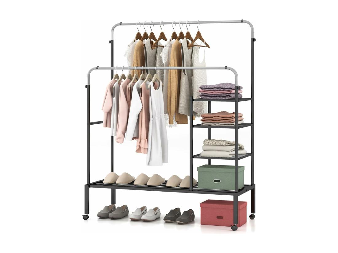 vente unique Portant à Vêtements Roulettes 2 Tringles Réglables en 3 Hauteurs Portant Vetement Solide avec 3 Étagère Porte-chaussures Penderie Vetement Chambre en Métal Robuste(Argent)