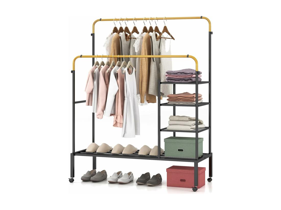 vente unique Portant à Vêtements Roulettes 2 Tringles Réglables en 3 Hauteurs Portant Vetement Solide avec 3 Étagère Porte-chaussures Penderie Vetement Chambre en Métal Robuste(Doré)