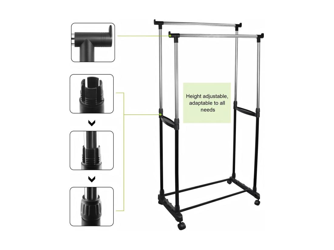 Vente Unique Portant à Vêtements Roulettes Tringle à Vêtements Extensible Hauteur 90-160 cm Avec Porte-chaussures Charge Max. 50Kg 2 Tringles
