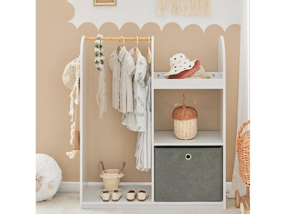 Vente Unique Portant Vêtements Chambre Enfant Porte-vêtement 3 Étagères 1 Panier Et 3 Crochets Kmb40-w
