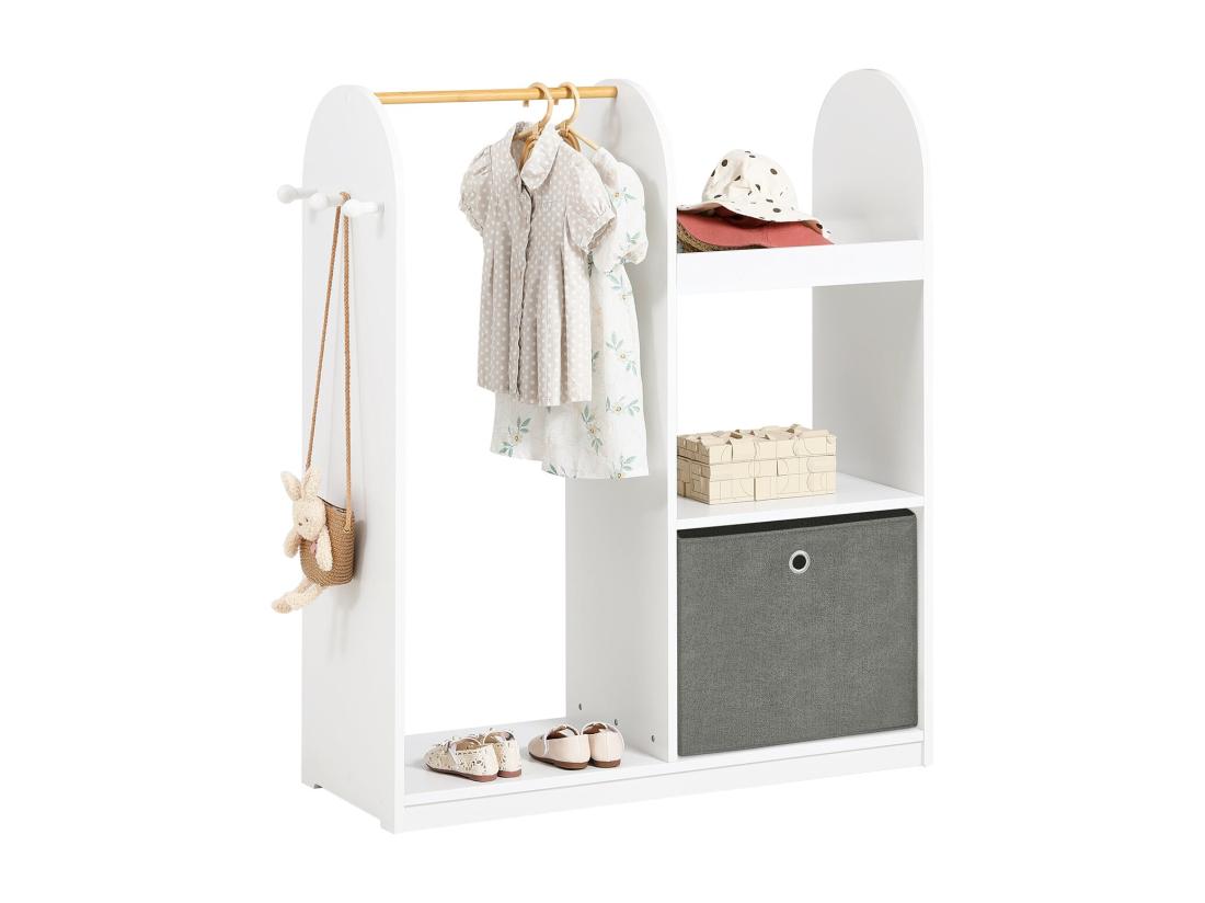 vente unique Portant Vêtements Chambre Enfant Porte-vêtement 3 Étagères 1 Panier Et 3 Crochets Kmb40-w